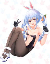 Rule 34 | 1girl, animal ear fluff, animal ears, ass, bare shoulders, black gloves, black leotard, blue hair, braid, brown pantyhose, carrot hair ornament, center opening, detached sleeves, food-themed hair ornament, fur collar, fur trim, gloves, hair ornament, hands up, highres, hololive, knees up, leotard, long hair, looking at viewer, navel, neneru, open mouth, orange eyes, pantyhose, rabbit ears, rabbit girl, shoes, solo, stomach, strapless, strapless leotard, twin braids, twintails, usada pekora, usada pekora (1st costume), v, virtual youtuber, white footwear