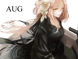 Rule 34 | 1girl, assault rifle, aug (girls&#039; frontline), black dress, blonde hair, boots, breasts, bullpup, character name, cleavage, closed mouth, collarbone, dress, expressionless, flower, girls&#039; frontline, gun, hair between eyes, hair flower, hair ornament, hair ribbon, highres, holding, holding gun, holding weapon, long hair, looking away, low-tied long hair, medium breasts, mitori, mole, mole under eye, one eye closed, orange eyes, ribbon, rifle, sidelocks, simple background, solo, steyr aug, thigh boots, thighhighs, thighs, very long hair, weapon, white background