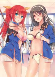 Rule 34 | 2girls, animal collar, bdsm, black hair, blue eyes, blush, bra, breasts, buttons, character request, classroom, cleavage, collar, hair ribbon, hairband, highres, leash, long hair, multiple girls, mzyk, navel, open clothes, open mouth, panties, pink bra, red eyes, red hair, ribbon, scan, school, school uniform, smile, twintails, underwear, viewer holding leash, white bra, white panties, yellow bra, yellow panties