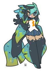 Rule 34 | 1girl, absurdres, animal feet, blue eyes, blue hair, blue scales, blue skirt, bright pupils, collared vest, fins, fish girl, fish tail, full body, gradient hair, hair between eyes, hand up, head fins, highres, hz ebfry, looking at viewer, monster, multicolored hair, necktie, one eye closed, orange necktie, original, pleated skirt, scales, signature, skirt, sleeveless, smile, solo, tail, turtleneck, vest, waving, white background, white pupils