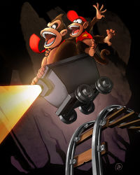 Rule 34 | 2boys, blouse, cave, commentary, diddy kong, donkey kong, donkey kong (series), donkey kong country, english commentary, from side, hat, light, minecart, monkey, multiple boys, necktie, open mouth, print shirt, red headwear, red neckwear, red shirt, shirt, steve mayles