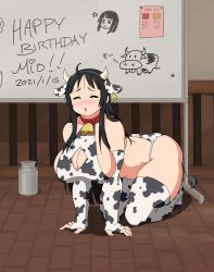 Rule 34 | 1girl, :o, absurdres, akiyama mio, all fours, animal ears, bell, bikini, black hair, breasts, chetrippo, cleavage, clothes, collar, cow ears, cow girl, cow horns, cow tail, cowbell, closed eyes, fake animal ears, fake horns, fake tail, female focus, fingerless gloves, gloves, highres, horns, k-on!, large breasts, long hair, partially undressed, sideboob, solo, swimsuit, tail, thighhighs