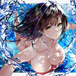 Rule 34 | 1girl, bare shoulders, bikini, black hair, breasts, bubble, cleavage, collarbone, day, earrings, highres, hitaki yuu, jewelry, large breasts, long hair, looking at viewer, necklace, original, parted lips, red bikini, sidelocks, skindentation, solo, strapless, strapless bikini, swimming, swimsuit, underwater, yellow eyes