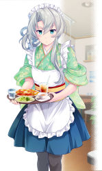 Rule 34 | 1girl, apron, asymmetrical hair, black pantyhose, blue hakama, commentary request, cup, feet out of frame, flipped hair, food, frilled apron, frills, glass, green eyes, green kimono, hakama, hakama short skirt, hakama skirt, japanese clothes, kantai collection, kimono, leaning forward, looking to the side, maid, maid headdress, map (blue catty), nowaki (kancolle), pantyhose, silver hair, skirt, solo, standing, swept bangs, teacup, tray, wa maid, waitress, white apron