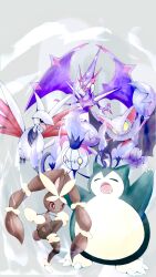 Rule 34 | black eyes, chandelure, claws, closed eyes, colored sclera, creatures (company), fangs, fire, fireblast, game freak, gen 1 pokemon, gen 2 pokemon, gen 4 pokemon, gen 5 pokemon, gen 7 pokemon, gliscor, grey background, highres, horns, lopunny, mega lopunny, mega pokemon, naganadel, nintendo, no humans, open mouth, pokemon, pokemon (creature), purple fire, red eyes, sharp teeth, single horn, skarmory, snorlax, standing, standing on one leg, talons, teeth, ultra beast, wings, yellow eyes, yellow sclera