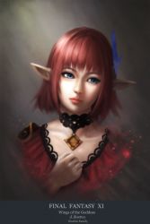 Rule 34 | 00s, 1girl, amatchi, bad id, bad pixiv id, blue eyes, blunt bangs, character name, choker, collarbone, copyright name, dress, elf, elvaan, english text, feather hair ornament, feathers, final fantasy, final fantasy xi, hair ornament, hand on own chest, head tilt, highres, jewelry, light rays, lilisette baloumat, looking at viewer, looking to the side, pointy ears, portrait, red dress, red hair, short hair, solo