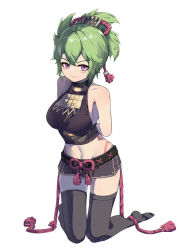 Rule 34 | 1girl, absurdres, arms behind back, bare shoulders, black shirt, black shorts, black thighhighs, breasts, collarbone, commentary, crop top, genshin impact, green hair, highres, k soumao, kneeling, kuki shinobu, large breasts, looking at viewer, mask, midriff, mouth mask, navel, no shoes, ponytail, purple eyes, shirt, short hair, short shorts, shorts, simple background, sleeveless, sleeveless shirt, solo, stomach, thighhighs, thighs, white background