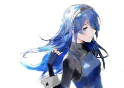 Rule 34 | 1girl, aisutabetao, black sweater, blue eyes, blue gloves, blue hair, blush, closed mouth, elbow gloves, fingerless gloves, fire emblem, fire emblem awakening, floating hair, gloves, hair over one eye, highres, long sleeves, looking at viewer, lucina (fire emblem), nintendo, one eye covered, ribbed sweater, simple background, smile, solo, sweater, tiara, turtleneck, turtleneck sweater, upper body, white background