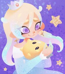 Rule 34 | 1girl, alternate species, blonde hair, blue dress, blue hair, closed mouth, commentary, crown, dress, earrings, english commentary, gradient hair, highres, jewelry, long hair, luma (mario), mario (series), multicolored hair, nintendo, octoling, off-shoulder dress, off shoulder, purple background, purple eyes, rosalina, seainspanish, smile, splatoon (series), star (symbol), star earrings, super mario galaxy, tentacle hair, thick eyebrows, two-tone hair