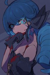 Rule 34 | 1girl, absurdres, ahoge, bare shoulders, black bow, black gloves, blood, blood from mouth, blood on clothes, blue hair, bow, breasts, detached sleeves, drill hair, from side, gloves, green eyes, gwen (league of legends), hair bow, highres, league of legends, long hair, looking at viewer, medium breasts, monakan japan, puffy short sleeves, puffy sleeves, short sleeves, solo, twin drills, upper body