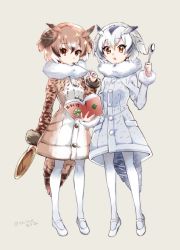 Rule 34 | 10s, 2girls, black hair, blonde hair, book, broccoli, brown coat, brown eyes, brown hair, buttons, coat, collar, commentary request, cookbook, eurasian eagle owl (kemono friends), expressionless, eyelashes, full body, fur-trimmed sleeves, fur collar, fur trim, gradient legwear, grey background, grey coat, grey hair, grey legwear, hair between eyes, hand up, head wings, holding, holding book, holding spoon, kemono friends, light brown hair, long sleeves, looking at viewer, looking down, mary janes, multicolored clothes, multicolored coat, multicolored hair, multicolored legwear, multiple girls, northern white-faced owl (kemono friends), open book, pantyhose, plate, pocket, reading, shinoasa, shoes, short hair, simple background, spoon, standing, tail, tsurime, twitter username, utensil in mouth, white coat, white footwear, white hair, white legwear, wings