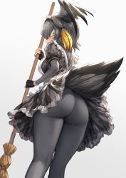 Rule 34 | 1girl, ass, bird tail, bird wings, black gloves, blush, bodystocking, fingerless gloves, from below, gloves, gradient background, grey background, grey hair, grey pantyhose, guchico, hair between eyes, head wings, huge ass, kemono friends, looking at viewer, pantyhose, shoebill (kemono friends), short hair, sketch, skirt, solo, tail, thighs, upskirt, wings, yellow eyes