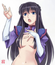 Rule 34 | 00s, 1girl, black hair, blue eyes, blush, breasts, censored, convenient censoring, female focus, gundam, gundam 00, hair censor, hair over breasts, hand on own chest, long hair, long sleeves, marina ismail, maruto!, navel, no bra, nude, shoulder pads, simple background, solo, stomach, topless frame, upper body, very long hair, white background