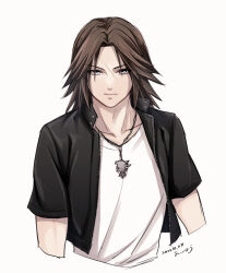 Rule 34 | 1boy, black jacket, brown hair, chain, chain necklace, commentary, cropped jacket, cropped torso, dated, final fantasy, final fantasy viii, grey eyes, hiryuu (kana h), jacket, jewelry, kingdom hearts, kingdom hearts ii, male focus, necklace, open clothes, open jacket, scar, scar on face, serious, shirt, short hair, signature, solo, squall leonhart, upper body, v-neck, white shirt