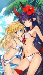 Rule 34 | + +, 2girls, bikini, blonde hair, blue eyes, breasts, day, demon girl, demon lord newbie vrmmo sekai no seisanshoku maou, demon tail, facial mark, gluteal fold, grin, horns, itou souichi, long hair, low wings, medium breasts, multiple girls, navel, novel illustration, official art, outdoors, parted lips, pointy ears, purple hair, second-party source, side-tie bikini bottom, sidelocks, small breasts, smile, striped bikini, striped clothes, swimsuit, symbol-shaped pupils, tail, textless version, two side up, v, very long hair, wet, white bikini, wings