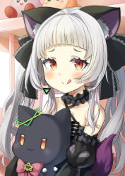 Rule 34 | 1girl, :3, :q, absurdres, animal, animal ears, black bow, black cat, blunt bangs, bow, cat, cat ears, closed mouth, criss-cross halter, dress, earrings, hair bow, halter dress, halterneck, hexagram, highres, holding, holding animal, hololive, indoors, jewelry, kirby, kirby (series), long hair, looking at viewer, murasaki shion, murasaki shion (gothic lolita), nintendo, pegashi, pink bow, sidelocks, silver hair, smile, tongue, tongue out, upper body, virtual youtuber, waddle dee