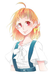 Rule 34 | 1girl, ahoge, blush, bow, bowtie, braid, closed mouth, collarbone, commentary request, cropped torso, hair bow, highres, kashikaze, looking at viewer, love live!, love live! sunshine!!, medium hair, orange hair, red eyes, shirt, short sleeves, side braid, simple background, smile, solo, takami chika, upper body, white background, white bow, white bowtie, white shirt, yellow bow