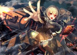 Rule 34 | 1girl, aiming, ash arms, battle, blonde hair, breasts, cannon, firing, gameplay mechanics, highres, laica (marfusha), long hair, looking at viewer, low twintails, machinery, marfusha, mecha musume, medium breasts, open mouth, pantyhose, red eyes, simple background, smoke, solo, tokiha suzumiya, torn clothes, torn pantyhose, twintails, uniform