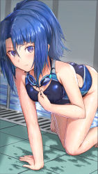 Rule 34 | 1girl, absurdres, alice gear aegis, ass, blue hair, competition swimsuit, eyes visible through hair, female focus, food, goggles, goggles around neck, highres, legs, looking at viewer, one-piece swimsuit, origami yakko, ponytail, pool, poolside, purple eyes, sidelocks, solo, swimsuit, takanashi rei, thighs, wet, wet clothes, wet swimsuit