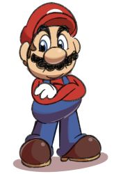 Rule 34 | 1boy, big nose, blue eyes, blue overalls, brown footwear, brown hair, closed mouth, crossed arms, facial hair, full body, gloves, hat, highres, long sleeves, looking to the side, male focus, mario, mario (series), mustache, nintendo, overalls, red hat, red shirt, shirt, shoes, short hair, simple background, sketch, solo, standing, vilepluff, white background, white gloves
