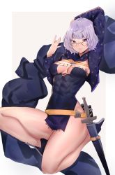 Rule 34 | 1girl, absurdres, belt, border, breasts, cleavage, deccatezu, fate/grand order, fate (series), glasses, highres, jacket, jacques de molay (foreigner) (fate), leotard, light purple hair, long sleeves, medium breasts, open clothes, open jacket, purple eyes, sheath, short hair, smile, solo, sword, thighs, weapon, white border