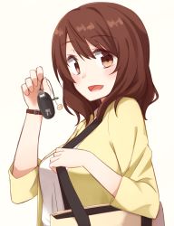 Rule 34 | 1girl, bad id, bad pixiv id, bag, blouse, breasts, brown eyes, brown hair, car keys, commentary, from side, highres, holding, holding key, kapatarou, key, looking at viewer, mai (kapatarou), medium breasts, open mouth, original, shirt, short hair, simple background, solo, upper body, white background, white shirt