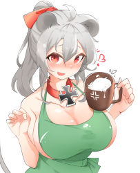 Rule 34 | 1girl, absurdres, animal ears, apron, bare shoulders, blush, breasts, cleavage, cup, daebom, green apron, grey hair, hair between eyes, hair ornament, heart, highres, holding, holding cup, large breasts, long hair, looking at viewer, maus (daebom), military, milk, mouse ears, original, personification, ponytail, red eyes, sideboob, solo