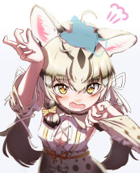 Rule 34 | 1girl, absurdres, almondrake, bare shoulders, blonde hair, blush, bow, brown hair, commentary request, detached sleeves, disembodied hand, geoffroy&#039;s cat (kemono friends), hair bow, hand on another&#039;s head, high-waist skirt, highres, kemono friends, kemono friends v project, long hair, long sleeves, multicolored hair, open mouth, print skirt, print sleeves, shirt, sidelocks, skirt, solo, twintails, virtual youtuber, white shirt, yellow bow, yellow eyes