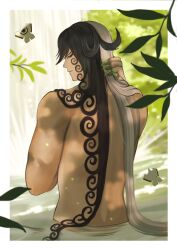 Rule 34 | 1boy, ashiya douman (fate), bathing, black hair, curly hair, earrings, fate/grand order, fate (series), from behind, highres, jewelry, long hair, looking at viewer, looking back, magatama, magatama earrings, male focus, multicolored hair, nude, partially submerged, solo, split-color hair, upper body, ushijiya, very long fingernails, very long hair, wet, wet hair, white hair
