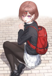 Rule 34 | 1girl, backpack, bag, black footwear, black jacket, black pantyhose, commentary request, hair ornament, hairclip, highres, higuchi madoka, idolmaster, idolmaster shiny colors, jacket, kfr, loafers, looking at viewer, mole, mole under eye, pantyhose, purple eyes, red hair, shoes, short hair, skirt, solo, white skirt