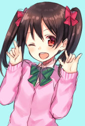 Rule 34 | 10s, 1girl, ;d, \m/, black hair, blue background, bow, cardigan, double \m/, hair bow, looking at viewer, love live!, love live! school idol project, midorikawa you, nico nico nii, one eye closed, open mouth, red eyes, school uniform, short hair, sketch, smile, solo, sweater, upper body, yazawa nico