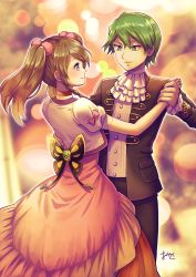 Rule 34 | 1boy, 1girl, bad id, bad pixiv id, black jacket, black pants, blue eyes, blurry, blurry background, bow, braid, brown hair, closed mouth, couple, creatures (company), dancing, dress, drew (pokemon), eye contact, floating hair, game freak, green eyes, green hair, hair ornament, hand on another&#039;s hip, holding hands, jacket, lens flare, long dress, long hair, looking at another, may (pokemon), nintendo, ooki1089, open clothes, open jacket, pants, pink bow, pink dress, pokemon, pokemon (anime), pokemon rse (anime), shirt, single braid, smile, twintails, white neckwear, white shirt