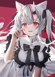 Rule 34 | 1girl, absurdres, animal ears, apron, black bow, bow, brooch, cat ears, collar, daitai sotogawa (futomomo), fang, grey hair, hair bow, heart, heart brooch, highres, hololive, horns, jewelry, long hair, looking at viewer, maid, maid apron, multicolored hair, nakiri ayame, oni, red eyes, red hair, skin-covered horns, skin fang, solo, streaked hair, two side up, virtual youtuber, white collar