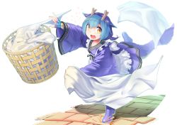 Rule 34 | 1girl, absurdres, apron, artist request, bed sheet, blue hair, dragon girl, dragon horns, dragon tail, dragonmaid (yu-gi-oh!), duel monster, fang, fingerless gloves, gloves, highres, horns, laundry, laundry basket, laundry dragonmaid, maid, open mouth, solo, tail, tripping, yellow eyes, yu-gi-oh!