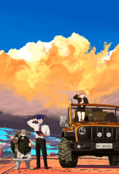 Rule 34 | 1girl, 2boys, arm support, beard, black jacket, black skirt, blazer, blue sky, box, brown hair, car, cardboard box, cloud, cloudy sky, dwarf, evening, facial hair, formal, full body, glasses, hand on own head, helmet, highres, holding, holding tablet pc, horizon, horns, jacket, jeep, leaning forward, long beard, looking at viewer, motor vehicle, multiple boys, original, outdoors, outstretched arm, pant suit, pants, pencil skirt, pointing, purple hair, road, scenery, sekoshi (some1else45), shading eyes, short hair, sidelocks, skirt, sky, some1else45, standing, suit, sweatdrop, tablet pc