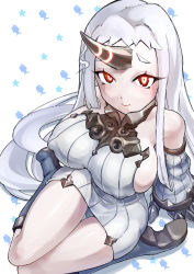 Rule 34 | 10s, 1girl, abyssal ship, boots, breasts, claws, detached sleeves, dress, covered erect nipples, highres, horns, kabeu mariko, kantai collection, knee boots, large breasts, long hair, md5 mismatch, panties, pantyshot, red eyes, ribbed dress, seaport princess, short dress, sideboob, single horn, sitting, thighs, underwear, wariza, white hair