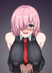 Rule 34 | 1girl, :d, bare shoulders, black dress, blush, breasts, dress, fate/grand order, fate (series), glasses, hair over one eye, highres, large breasts, leaning forward, light purple hair, looking at viewer, mash kyrielight, muta poo, necktie, nose blush, open mouth, pink hair, purple eyes, short hair, sleeveless, smile, solo
