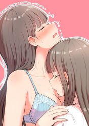 Rule 34 | 2girls, betock, blue bra, blush, bra, breasts, brown hair, cleavage, closed eyes, collarbone, commentary request, ear blush, highres, licking another, long hair, medium breasts, multiple girls, open mouth, original, outline, pink background, shirt, sidelocks, simple background, sweat, trembling, underwear, upper body, wavy mouth, white outline, white shirt, yuri
