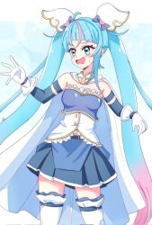 Rule 34 | 1girl, belt, blue belt, blue eyes, blue gloves, blue hair, blue shirt, blue skirt, cape, commentary, cosplay, cowboy shot, cure sky, cut bangs, earclip, elbow gloves, frilled shirt, frills, frown, gloves, gradient hair, highres, hirogaru sky! precure, layered gloves, long hair, looking to the side, mahou shoujo madoka magica, miki sayaka, miki sayaka (cosplay), miniskirt, momotarouooi, multicolored hair, open mouth, pink hair, pleated skirt, precure, shirt, skirt, solo, sora harewataru, standing, strapless, strapless shirt, streaked hair, sweatdrop, thigh strap, thighhighs, twintails, very long hair, white cape, white gloves, white thighhighs, wing hair ornament