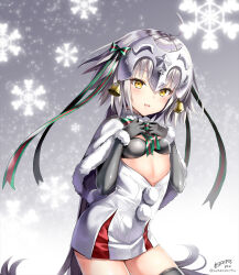 Rule 34 | 1girl, ahoge, ayakawa riku, bell, bikini, bikini top only, black gloves, bow, capelet, elbow gloves, fate/grand order, fate (series), fur-trimmed capelet, fur trim, gloves, green bow, green ribbon, hand on own chest, headpiece, jeanne d&#039;arc alter santa lily (fate), ribbon, snowflakes, solo, striped, striped bow, striped ribbon, swimsuit, thighs, white capelet, yellow eyes