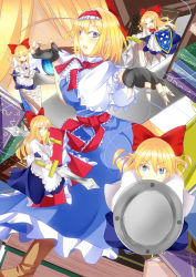 Rule 34 | 1girl, alice margatroid, apron, ass, back, bad id, bad pixiv id, blonde hair, blue eyes, blush, book, boots, bow, breasts, capelet, doll, dress, dual wielding, female focus, fingerless gloves, gloves, goliath doll, hair bow, hairband, holding, kamitsuki shion, lance, long hair, open mouth, polearm, ribbon, sash, shanghai doll, shield, short hair, smile, string, sword, touhou, weapon