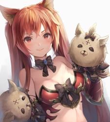 Rule 34 | 1girl, animal ears, bad id, bad twitter id, bare shoulders, blush, breasts, cerberus (shingeki no bahamut), cleavage, closed mouth, dog ears, gauntlets, granblue fantasy, hand puppet, long hair, looking at viewer, medium breasts, midriff, puppet, red eyes, red hair, revealing clothes, riku (wana), shingeki no bahamut, simple background, smile, solo, twintails, very long hair, white background