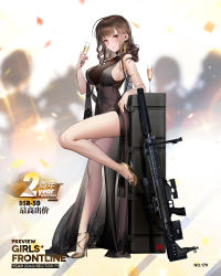 Rule 34 | 1girl, anti-materiel rifle, armlet, bare legs, black dress, black hair, blast compensator, blunt bangs, bolt-action rifle, bolt action, breasts, bullpup, champagne flute, cleavage, compensator, covered navel, cup, dress, drinking glass, dsr-50, dsr-50 (girls&#039; frontline), dsr-50 (highest bid) (girls&#039; frontline), earrings, full body, girls&#039; frontline, gun, high heels, jewelry, large breasts, liduke, long hair, looking at viewer, muzzle device, necklace, official alternate costume, official art, parted lips, red eyes, rifle, ring, see-through, shoes, sidelocks, sniper rifle, solo, standing, standing on one leg, stiletto heels, strap gap, suppressor, weapon, weapon case