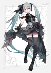 Rule 34 | 1girl, absurdly long hair, aqua eyes, aqua hair, black ribbon, black skirt, black thighhighs, boots, closed mouth, clothes lift, commentary, full body, goth fashion, grey background, hair between eyes, hatsune miku, knee boots, kuroi (liar-player), lace trim, light smile, long hair, looking at viewer, pleated skirt, ribbon, simple background, skirt, sleeveless, solo, standing, standing on one leg, thighhighs, twintails, twitter username, very long hair, vocaloid