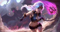 Rule 34 | 1girl, breasts, circlet, cleavage, cleavage cutout, closed mouth, clothing cutout, commentary, dragon, earrings, facing viewer, flail, gloves, guardian kingdoms, holding, holding weapon, jewelry, large breasts, lips, long hair, midriff, morning star, navel, purple eyes, raikoart, running, short shorts, shorts, solo, weapon, white hair