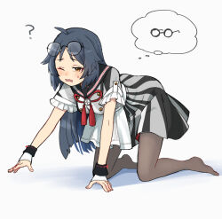 Rule 34 | 1girl, all fours, annin musou, apron, black hair, brown eyes, commentary request, dress, eyewear on head, fingerless gloves, gloves, grey pantyhose, heian maru (kancolle), kantai collection, long hair, one eye closed, pantyhose, solo, striped clothes, striped dress, thought bubble, white apron, white gloves