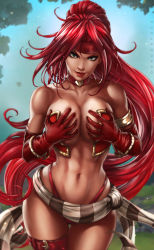 Rule 34 | 1girl, abs, artist name, battle chasers, belt, bikini, bikini bottom only, breast hold, breasts, choker, cleavage, cowboy shot, dandon fuga, earrings, elbow gloves, eyeshadow, gloves, grabbing own breast, green eyes, headband, heart, highres, hoop earrings, jewelry, large breasts, lips, lipstick, long hair, looking at viewer, makeup, navel, ponytail, red hair, red lips, red monika, smile, solo, swimsuit, thigh strap