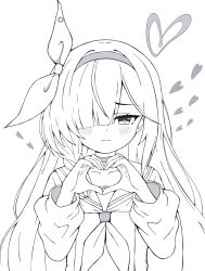 Rule 34 | 1girl, :3, aoiumi22, blue archive, blush, choker, closed mouth, collarbone, hair ribbon, hairband, halo, heart, heart halo, heart hands, highres, long hair, looking at viewer, monochrome, neckerchief, plana (blue archive), ribbon, simple background, solo, white background