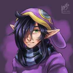 Rule 34 | 1boy, black hair, edo-sama, face, green eyes, hair over one eye, hat, lips, long hair, male focus, nintendo, nose, pointy ears, ravio, scarf, solo, spoilers, striped clothes, striped scarf, the legend of zelda, the legend of zelda: a link between worlds