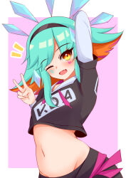 Rule 34 | 1girl, ;d, arms up, ayatori (aytr), black hairband, blue hair, commentary, crop top, hairband, hand up, highres, hood, hoodie, k/da neeko, layered sleeves, league of legends, long hair, long sleeves, looking at viewer, makeup, multicolored hair, neeko (league of legends), official alternate costume, official alternate hairstyle, one eye closed, open mouth, orange eyes, short over long sleeves, short sleeves, simple background, smile, solo, stomach, teamfight tactics, v